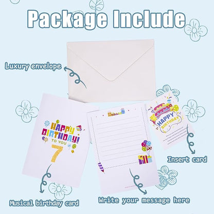 Gumry 7TH Musical Birthday PopUp Card, Blowable Colorful Light Candle 3D Cards with Song, Applause Cheers Sound, Greeting Cards Birthday Gifts Decorations for Daughter Son Turning 7 Years Old