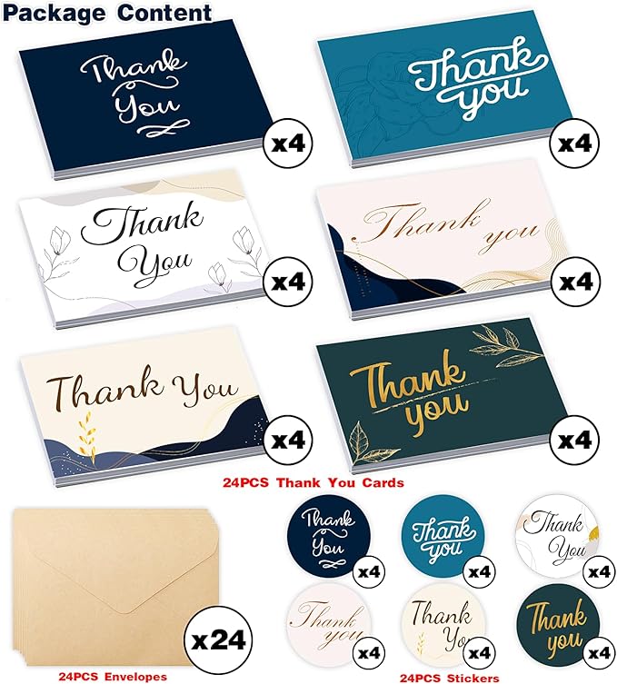 24 PCS Thank You Cards With Envelopes, 6x4 Inch Thank You Cards with Seal Stickers,Minimalistic Design, Suitable for Business, Baby Shower, Wedding, Small Business, Bridal Shower, etc