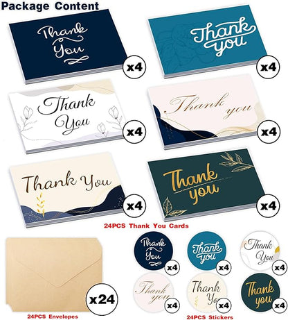 24 PCS Thank You Cards With Envelopes, 6x4 Inch Thank You Cards with Seal Stickers,Minimalistic Design, Suitable for Business, Baby Shower, Wedding, Small Business, Bridal Shower, etc
