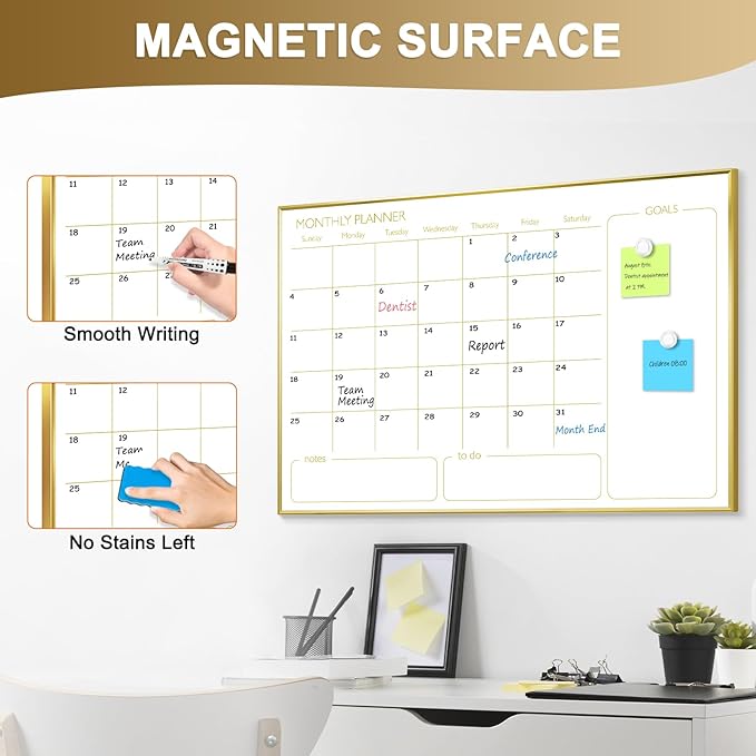 Magnetic Dry Erase Calendar Board for Wall - 36'' x 24'' Monthly Calendar Whiteboard - Gold Aluminum Frame