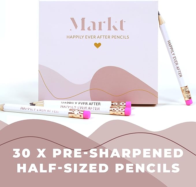 Markt Mini Pencils for Bridal Shower Games, Bridal Shower Pens, Happily Ever After Pencils, Small Pencil Set For Prizes, Game Winner Gifts (White With Pink Eraser)