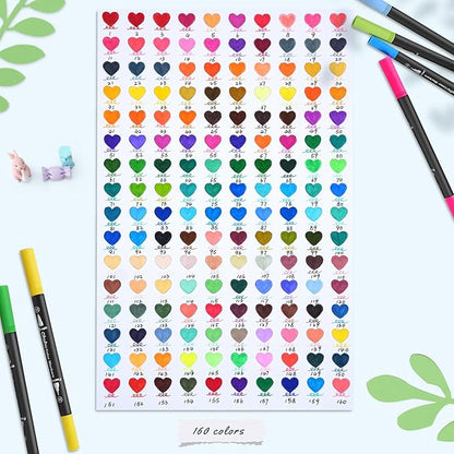 Ohuhu Markers: 160 Colors Brush Pens Dual Brush Fine Tip Drawing Pens Water-Based Coloring Markers for Calligraphy Bullet Journal with Carrying Case - Maui - Black
