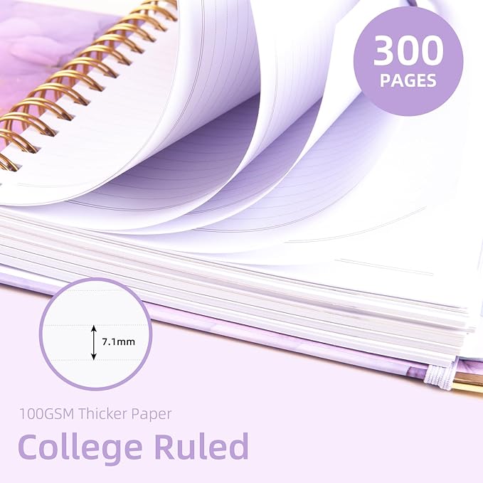A4 Spiral Notebooks for Work, 300 Pages Lined Spiral Journal Notebook, 5 Subject College Ruled Journals for Writing, 11”x9.25''Journaling Notebooks for School Office Supplies (Purple Marble)