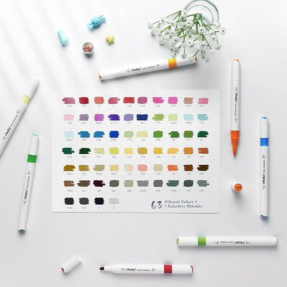 Ohuhu Markers for Adult Coloring Books No bleeding 64 Colors Water-based Coloring Markers Dual Tips Chisel & Brush Drawing Pens Art Markers for Kids Adults Beginners Lettering Journaling