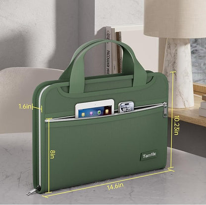 Tamfile Fireproof Accordion File Organizer with Handle, 13 Pocket Expanding File Folder with Zipper & Labels, File Folder with Multi-Pockets Paper Organizer Folder for Letter A4 Files, Green