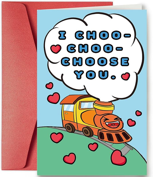 SuperShunhu Cute Train Valentines Day Card for Him Her, Lovely Valentines Card for Kids Child, Funny Anniversary Card for Boyfriend Girlfriend, I Choo Choo Choose You Card