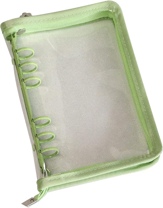Multibey A5 Binder Cover Clear Soft PVC 6-Ring Binder Budget Cash Evelopes System with Zipper Planner Organizer Refillable Notebook Journal Binder (Grass Green, A6)
