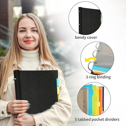 2 Pcs Pivotable Refillable Notebook, 3 Ring Binder Notebooks 1 Inch, Notebook with Dividers and Pockets, Folder Notebook, Flexible Binder, Soft Binders 3 Ring, Foldable Binder- Black