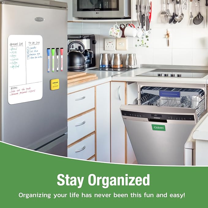 Magnetic Dry Erase Board: Small Fridge Whiteboard, Flexible Refrigerator Magnet White Board, Blank Writing Note Sheet with Dishwasher Magnet Clean Dirty Sign, 4 Markers & Eraser - 12 x 8