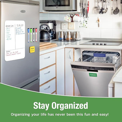 Magnetic Dry Erase Board: Small Fridge Whiteboard, Flexible Refrigerator Magnet White Board, Blank Writing Note Sheet with Dishwasher Magnet Clean Dirty Sign, 4 Markers & Eraser - 12 x 8
