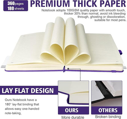 Lined Journal Notebook, 360 Numbered Pages(With page number), Thick Journal for Writing A5 College Ruled Notebook, 100gsm Lined Paper, Leather Hardcover, 5.75'' X 8.38''-1 Pack, Purple