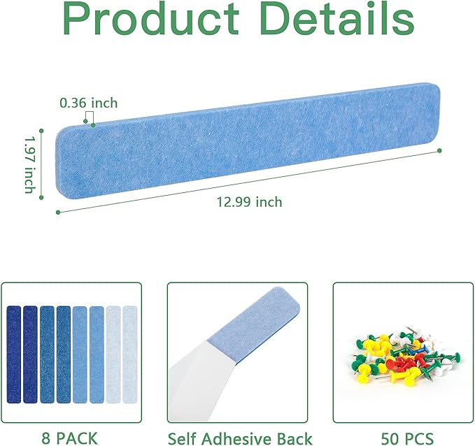 8 Pcs Felt Pin Board Bar Strips Bulletin Board for Bedrooms Offices Home Wall Decoration, Notice Board Self Adhesive Cork Board with 50 Push Pins for Paste Notes, Photos, Schedules (Multi-Blue)