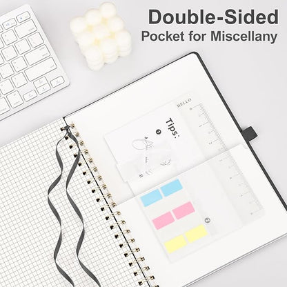 AHGXG Graph Paper Notebook - Spiral Notebook Hardcover Leather Journal 140 Pages, B5 Large Grid Notebook 7.6" x 10", 100 gsm Thick Paper, for School Writing Graphing Engineering Math, Black