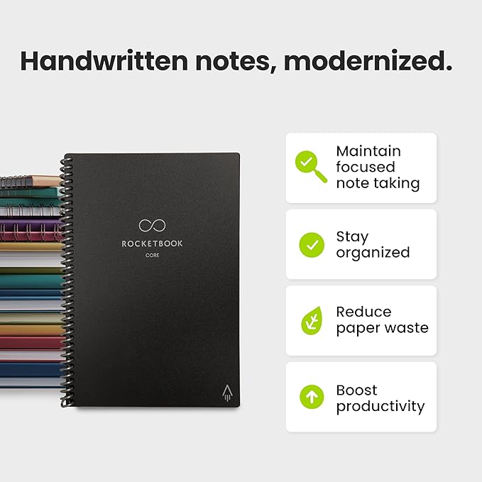 Rocketbook New Core Reusable Spiral Notebook, Letter Size 8.5x11, Black - Lined Pages, App-Connected, Erasable, Durable Cover, Ideal for School, Work, and Creative Projects (Pack of 1)