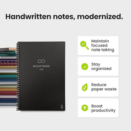 Rocketbook New Core Reusable Spiral Notebook, Letter Size 8.5x11, Black - Lined Pages, App-Connected, Erasable, Durable Cover, Ideal for School, Work, and Creative Projects (Pack of 1)