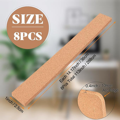 8 Pack Small Bulletin Strip Cork Strip Cork Board Tiles Bulletin Bar Strips for Walls, Adhesive Pin Board for Classroom Memo Office Home Kitchen School Desk, 14"x1"-10mm Thick