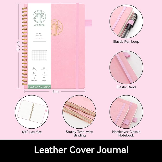 Alltree Large Graph Notebook Journal, Spiral Graph Grid Notebook for Work, Spiral Notebook with Pen Loop, Pocket, Stickers, 160 Pages, Journal for Women & Men, Pink(6"x8.5")
