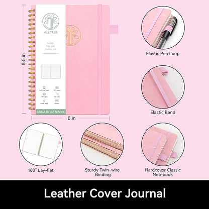 Alltree Large Graph Notebook Journal, Spiral Graph Grid Notebook for Work, Spiral Notebook with Pen Loop, Pocket, Stickers, 160 Pages, Journal for Women & Men, Pink(6"x8.5")