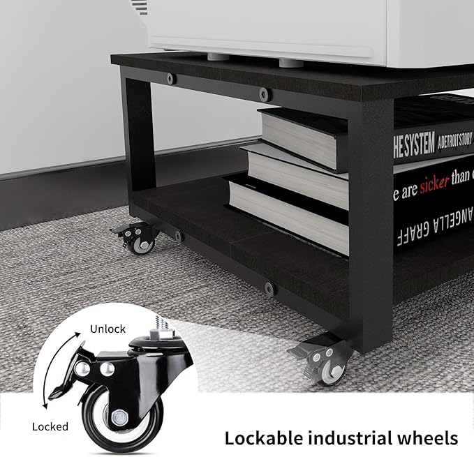 Natwind 2 Tier Laser Printer Stand,23.6''x23.6''x12.6'' Large Printer Table Copier Stand,Heavy Duty Rolling Printer Cart with Paper Storage Shelf,Printer Holder with Wheels for Home Office (Black)