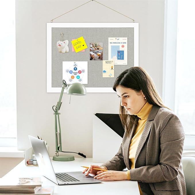 2-Pack Double-Sided Cork Board with Linen, 16" x 12" Hanging Wood Framed Bulletin Board, Picture Display Vision Board Kit Corkboards for Wall School Office Decor, 20 Pushpins (Vintage White)