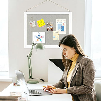 2-Pack Double-Sided Cork Board with Linen, 16" x 12" Hanging Wood Framed Bulletin Board, Picture Display Vision Board Kit Corkboards for Wall School Office Decor, 20 Pushpins (Vintage White)