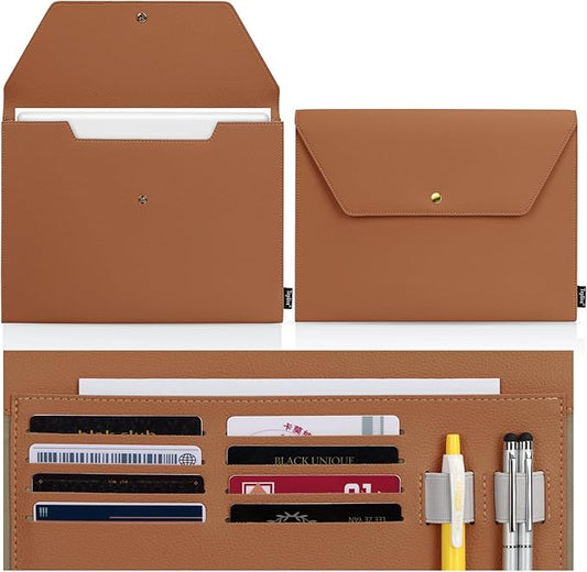 Toplive Document File Folder, Waterproof PU Leather A4 Letter Envelope Folder Case File Organizer Dual Layers Stylish Document Holder with 8 Card Holder 2 Pen Loop for Travel Office School, Brown