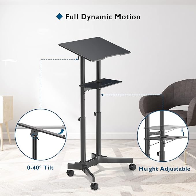 BONTEC Lecterns & Podiums Portable Mobile Standing Laptop Desk, Sit Stand Desk, Height Adjustable Home Office Classroom Pulpit Stand Up Desk Workstation, Rolling Table Laptop Cart with Storage Tray