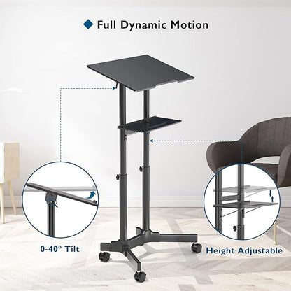 BONTEC Lecterns & Podiums Portable Mobile Standing Laptop Desk, Sit Stand Desk, Height Adjustable Home Office Classroom Pulpit Stand Up Desk Workstation, Rolling Table Laptop Cart with Storage Tray