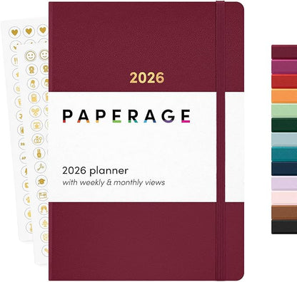PAPERAGE 2026 Weekly & Monthly Planner, 12 Months (January 2026 - December 2026), 5.6 in x 8 in, Hardcover 2026 Planner with Weekly & Monthly Spreads, Note Pages, Stickers & Back Pocket – Burgundy