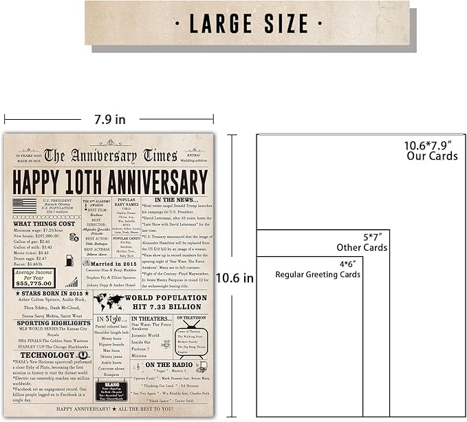 Jumbo 10th Anniversary Card for Him Her, Big 10 Year Anniversary Card Gift for Wife Husband, Romantic Tin Anniversary Card for Couple, Romantic Decennial Gifts