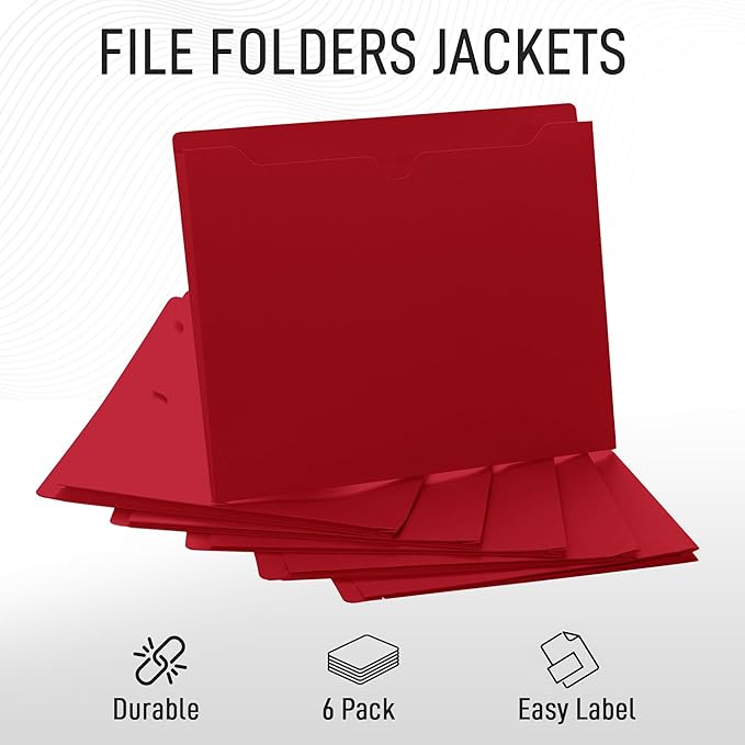 Red File Jackets, 1 Inch Expansion, Letter Size, Reinforced Straight-Cut Tab, 6 Pack