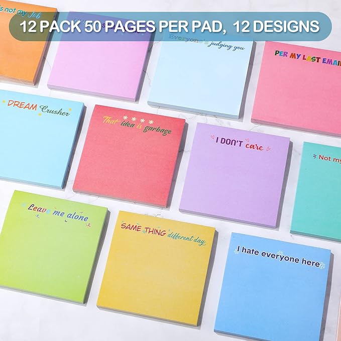 12 Pieces Snarky Office Sticky Notes Funny Note Pads Work Sucks Complaining Quotes Vibrant Negative Passive Office Notepads Adhesive Memo Pad for Colleague Supplies, 3 x 3 Inch(Cute Style)