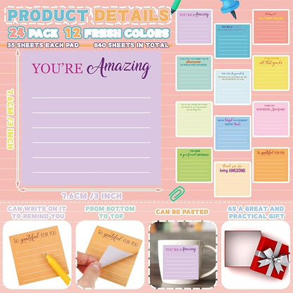 Yinder 24 Pcs Employee Appreciation Sticky Notes Thank You Gifts Bulk Note Pads with Sayings Teacher Gift Mini Pocket Inspirational Notepads for Coworker Office Supply 3 x 3''(Pastel,Thanks)