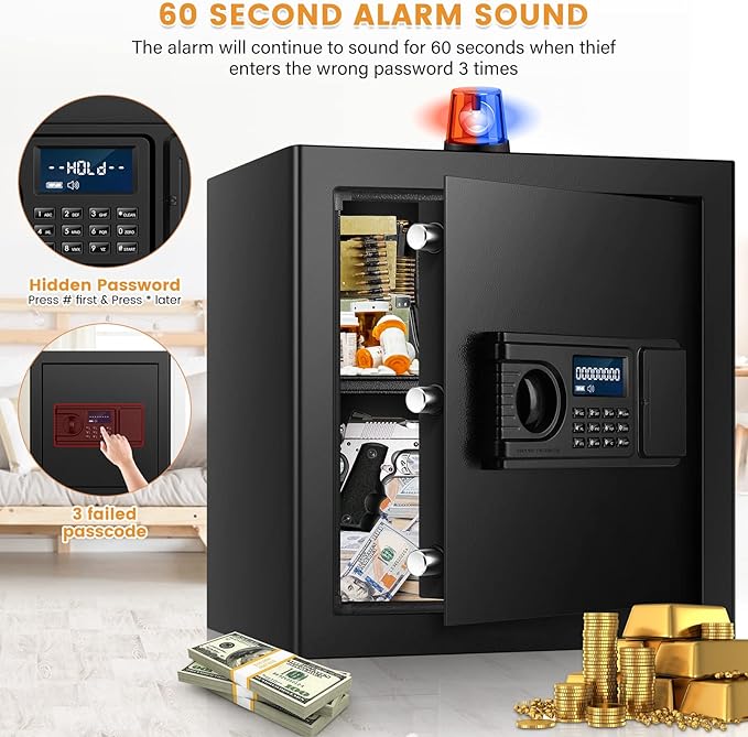 1.1 Cuft Home Safe Box with Fireproof Waterproof Bag, Large Security Digital Document Safes with LCD Keypad Keys, Anti-Theft Alert, Hidden Code Mode, Personal Combination Money Safe For Jewelry Office