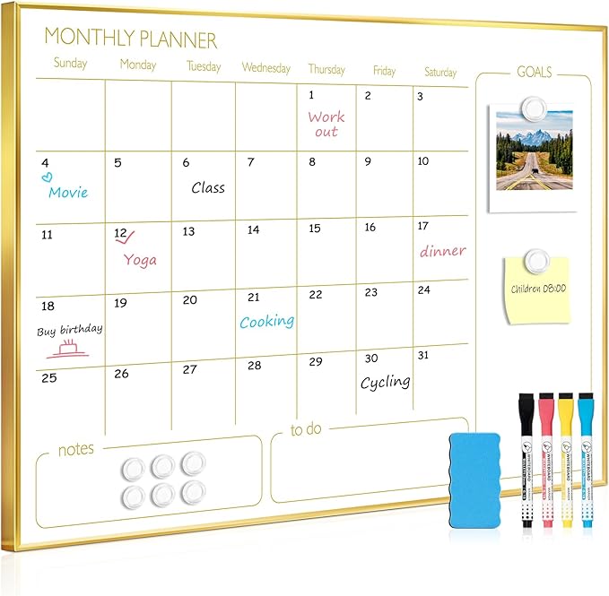 Magnetic Dry Erase Calendar Board for Wall - 36'' x 24'' Monthly Calendar Whiteboard - Gold Aluminum Frame