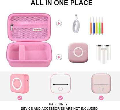 Hard Travel Case for Cabaro Mini Printer Sticker Thermal Printer, Bluetooth Portable Phone Printer Storage Holder Protection Case with Zipper Mesh Pocket fit Rolls Paper, Charging Cable, Pink