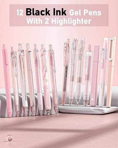 Four Candies 14Pack Pastel Gel Ink Pen Set,Cute Retractable 0.5mm Fine Point Pen,Note Taking Aesthetic Pens,12 Pack Black Ink Pens with 2Pack Highlighter, Smooth Writing Pens for School, Office (Pink)
