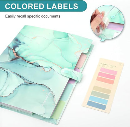 Ddaowanx Expanding File Folder, Letter A4 Size Accordion Plastic File Organizer, 5 Pocket Folders for Documents, Aesthetic Folder with Labels, Paper Organizer for School Office (Green Marble)