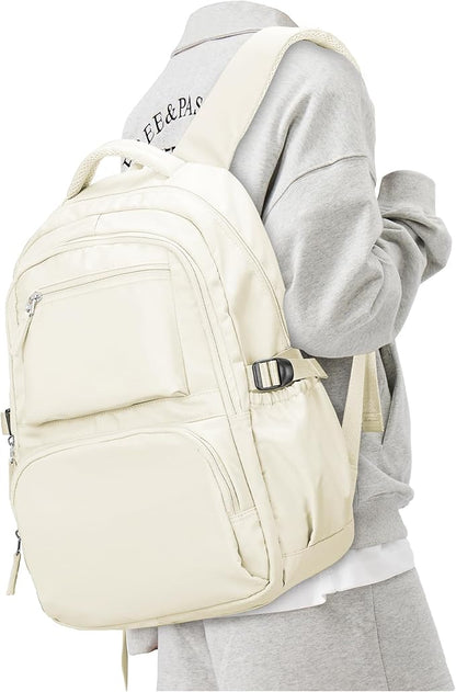 Lightweight School Backpack, College Bookbag for Boys Girls, 15.6 Inch Laptop Work Bag, Gym Backpack for Men Women, Large Capacity Waterproof Backpack for Campus School, Business, Beige