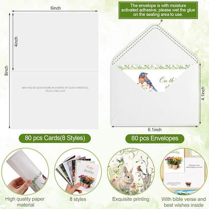 Zhanmai 80 Pack 4 x 6 Inch Religious Christian Birthday Cards Bulk with Scripture Assorted Bible Verse Designs Christian Blessings Birthday Cards with Envelopes (Scenic Style)