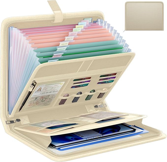 Fireproof Accordion File Organizer, Portable Expanding File Folder with Waterproof Zipper&Labels, Khaki Document Organizer with 13 Pockets, File Organizer for Important Document/Paper Storage