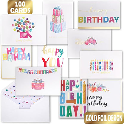 Happy Birthday Cards Bulk with Envelopes, 100 Pack, 10 Unique Gold Foil Designs, Organizer Box, Stickers, and Seals - 4x6 Inches, Thick Card Stock Set, Ideal for Kids, Men, Women, and Elderly