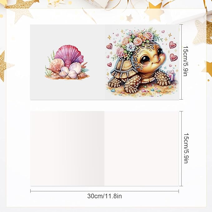 6 pcs Diamond Art Painting Greeting Card Kits, Animal Cute Turtle Design Irregular Shapes Diamond Art Fine Glitter Greeting Cards with Envelopes, Clay Glue, Pen, and Bead Bag for Creative Gifts
