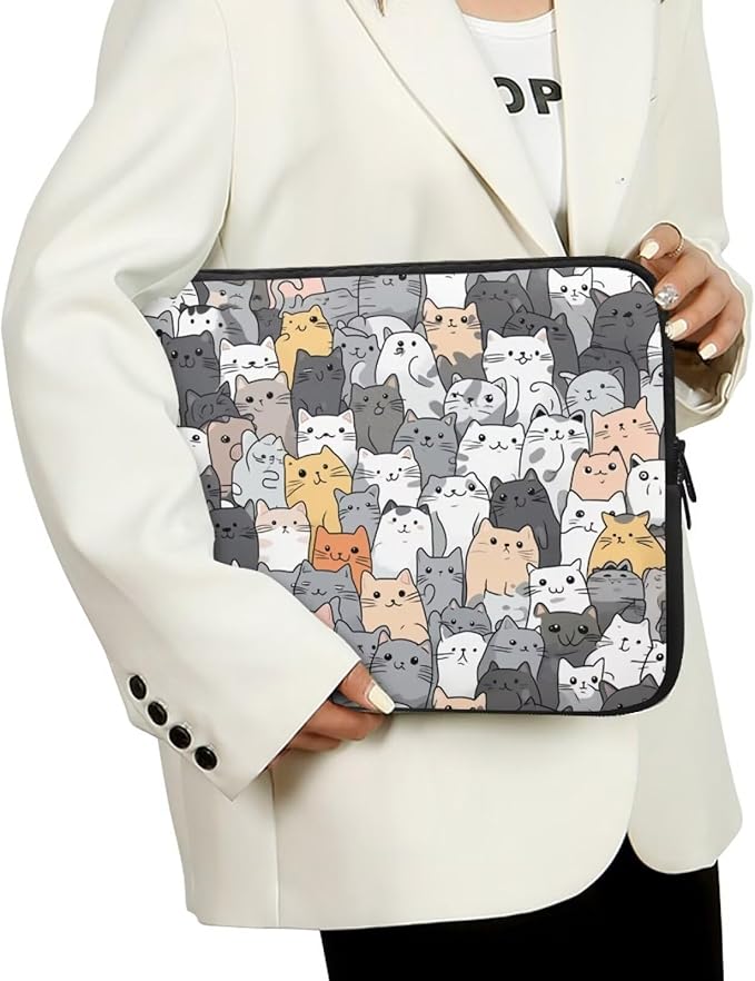 Cartoon Cat Print Laptop Briefcases for Men Women, Cute Laptop Sleeve Case Water Resistant Neoprene Computer Carrying Cover 17 Inch Laptop Carrying Bag