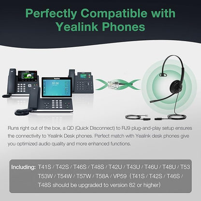 Yealink Phone Headsets for Office Phones YHS34 Lite QD to RJ9 Wired Headset Compatible with Poly Snom Grandstream Phones Desk Landline Headset with Microphone -Mono/72g/2.1m Cable