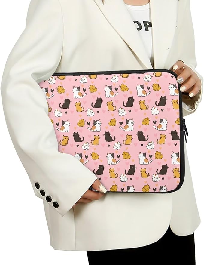 Cat Print Laptop Briefcases for Men Women, Heart Pattern Laptop Sleeve Case Water Resistant Neoprene Computer Carrying Cover 15 Inch Laptop Carrying Bag