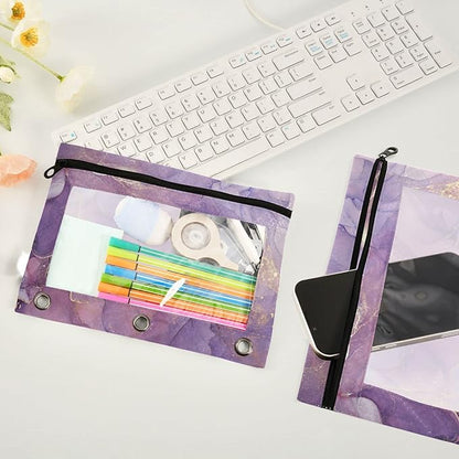 Kcldeci Pencil Pouch for 3 Ring Binder, Purple Golden Marble 2 Pack Binder Pencil Pouch with Clear Window Pencil Bags with Zipper Pencil Case for Binder