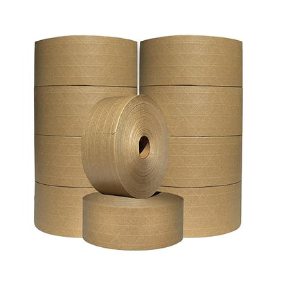 3'' x 450 Feet Reinforced Water Activated Gummed Kraft Paper Tape, for Heavy Duty Secure Packing Shipping, Tamper Evident Gummed Tape, Brown - 10 Rolls