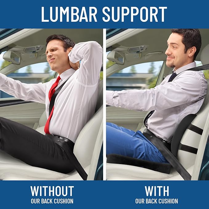 Everlasting Comfort Gel Infused Lumbar Support Pillow & Seat Cushion for Car Combo - Car Seat Cushions for Driving, Work - Ergonomically Designed to Target Sciatica Pain, Back Pain, Tailbone Pain