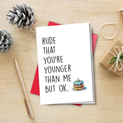 Rude But Ok Birthday Card for Friend, Funny Cousin Birthday Card for Little Brother Sister, Lovely Younger than Me Birthday Card